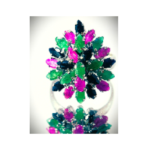 Ruby, Dark Blue Sapphire & Emerald pear shape ring in sterling silver